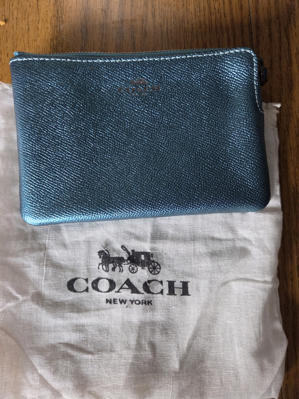 Coach Metallic Teal Blue Leather Wristlet - Picture 2 of 4
